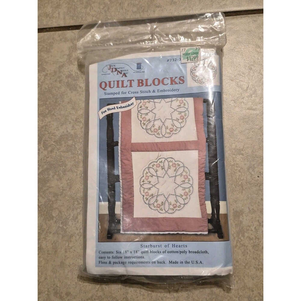 Jack Dempsey 6 Stamped White Quilt Blocks 18"X18" Starburst of Hearts Embroidery
